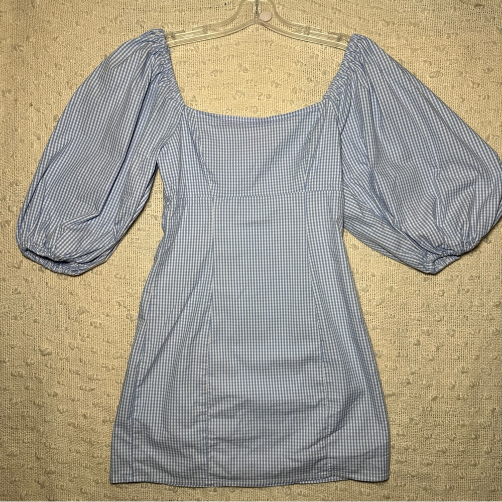 Elegant Blue Checkered Puff Sleeve Mini Dress